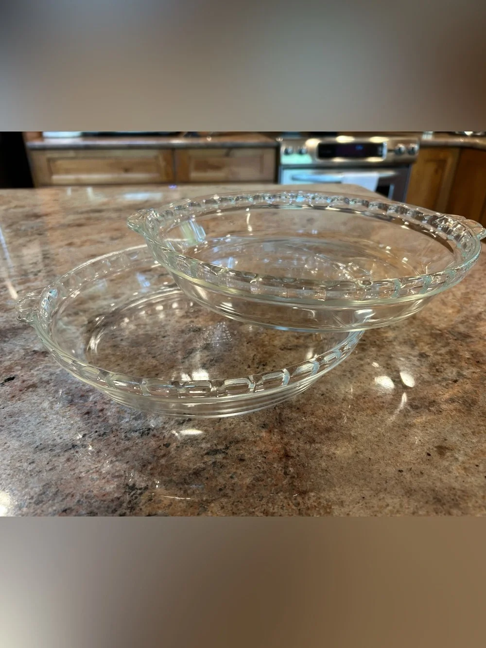 Pyrex TRADE MARK #229 Fluted Edge Clear Glass 9.50” Set of 2 Vintage Pie Dishes